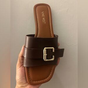 Nine West Dark Brown Slide Sandal with Gold Buckle